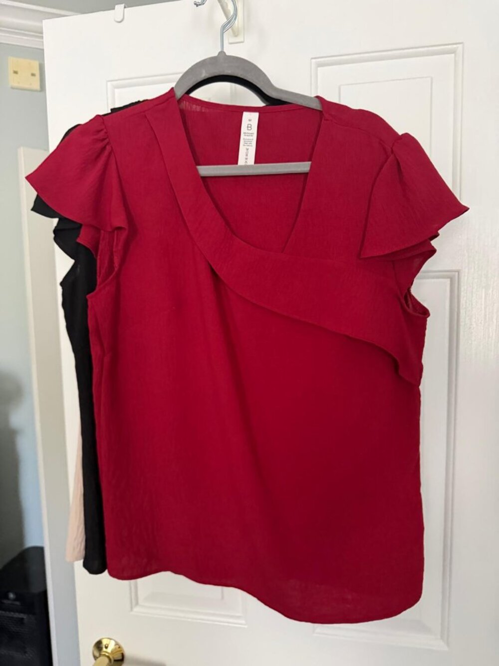 B Short Sleeves Asymmetrical Blouse in Red